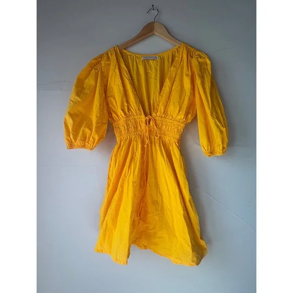 Faithfull The Brand Roma Tie Neck Mini Dress Yellow Puff Sleeve Size 8‎ - Picture 5 of 10